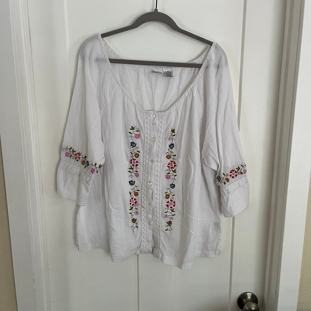 VTG Erika Embroidered Floral Scoop Neck Peasant Blouse Boho Cottage Women's XL